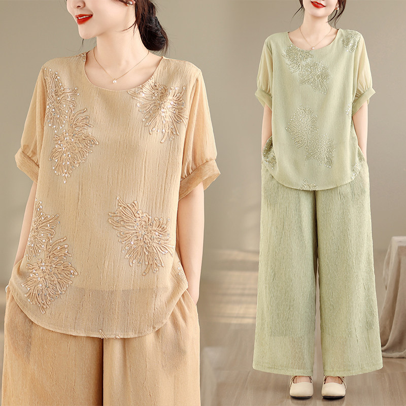 妈妈装2026新款新中式复古刺绣棉麻两件套女夏季宽松阔腿裤套装