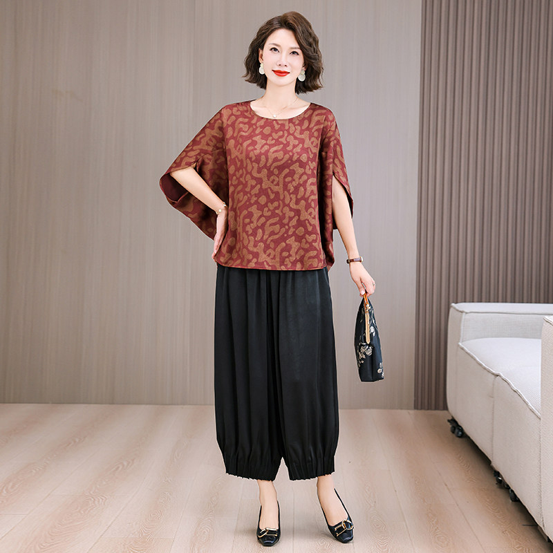 夏季时尚大码新款蝙蝠袖上衣裤子两件套醋酸真丝宽松阔腿裤套装女