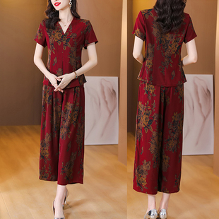 高腰阔腿裤 夏季 两件套中年女士真丝香云纱套装 新款 高端时尚 妈妈装