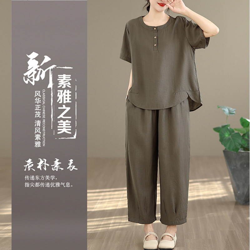 2026妈妈夏装棉麻大码两件套