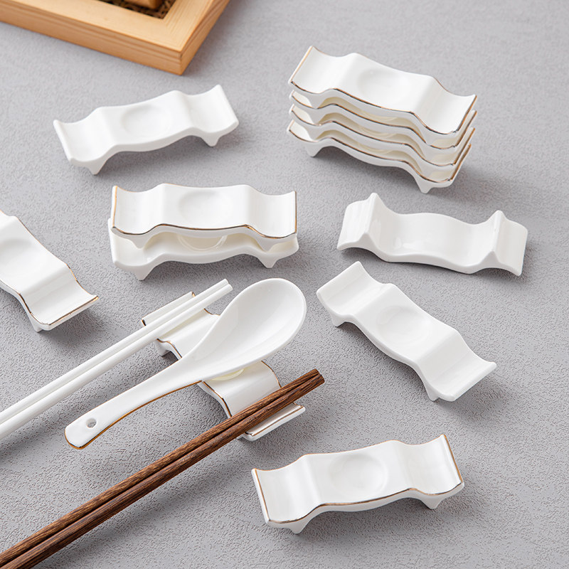 陶瓷筷子架两用放公筷勺托酒店筷托餐厅摆台纯白金边筷枕定制LOGO,餐饮具,筷子架,淘宝优惠券,粉丝福利购,淘宝优惠卷