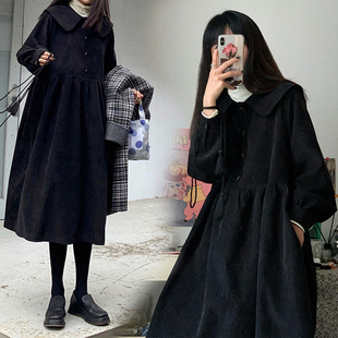 过膝中长款 灯芯绒娃娃领复古灯笼袖 打底裙 连衣裙春秋新款 孕妇秋装
