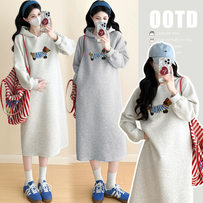 2025秋冬装新款孕妇连衣裙腊肠狗毛巾绣韩版宽松大码连帽套头卫衣