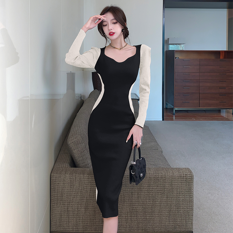 中长款黑色长袖针织包臀连衣裙秋冬新款撞色修身显瘦内搭打底裙子