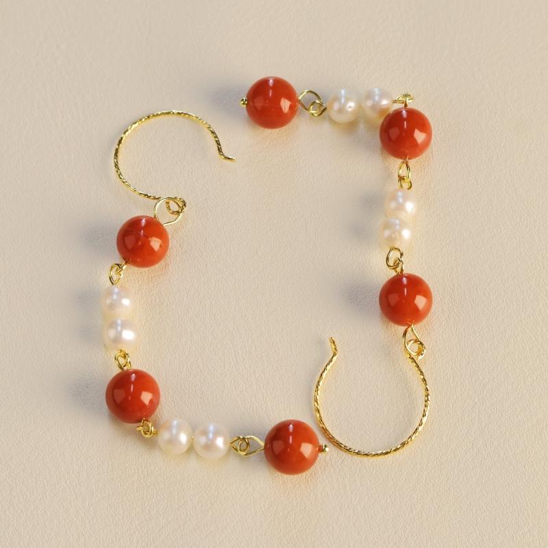 天然南红玛瑙淡水珍珠银链耳钩