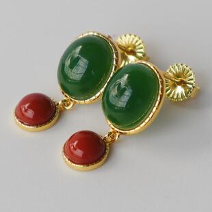 天然和田玉碧玉蛋面耳钉银镶嵌南红耳饰菠菜绿碧玉耳坠精致高级感