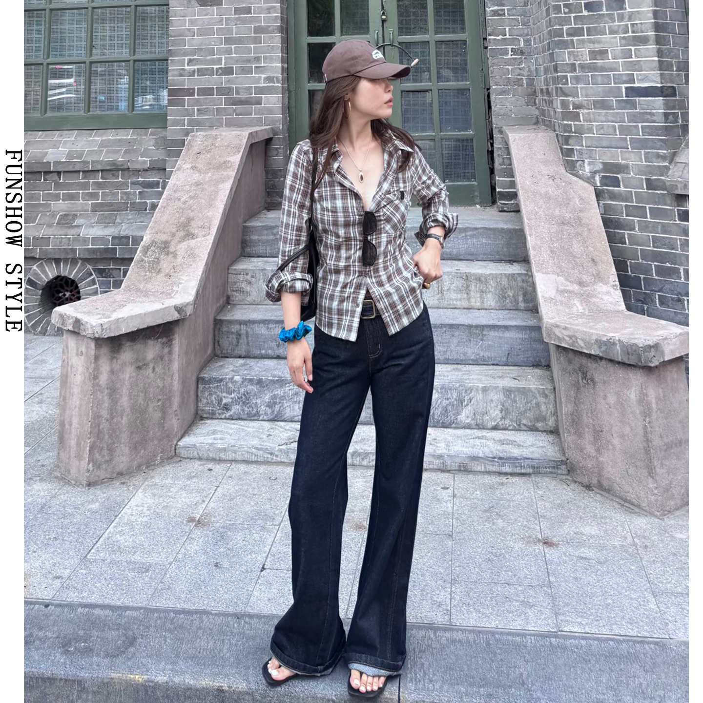 丹宁蓝阔腿牛仔裤女春秋季2025新款宽松小个子加绒冬高腰直筒长裤