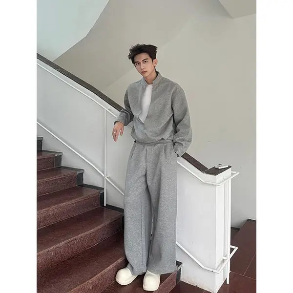 一套衣服搭配纯色简约高级感假两件卫衣休闲宽松卫裤两件套套装男