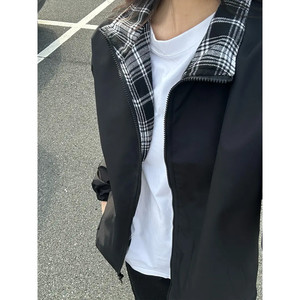 美式复古格子拼接夹克男春夏季轻薄痞帅高级感翻领外套情侣防晒衣