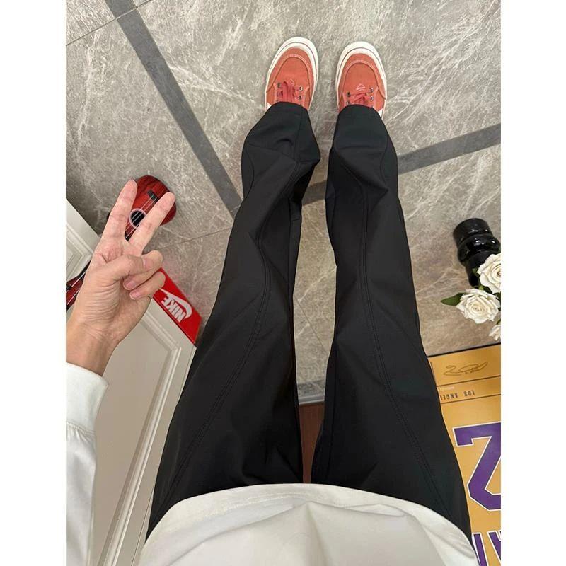 黑色冰丝微喇裤子男款夏季美式斜切速干软壳冲锋裤直筒休闲运动裤