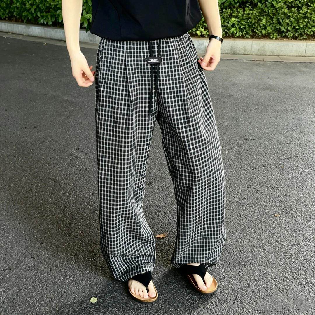 裤子男裤夏季2026新款泡泡纱格子裤薄款弯刀裤情侣休闲百搭长裤潮
