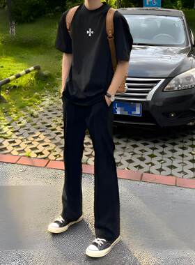 男装cleanfit黑色弯刀裤小西裤男款高级感美式修身直筒西装微喇裤