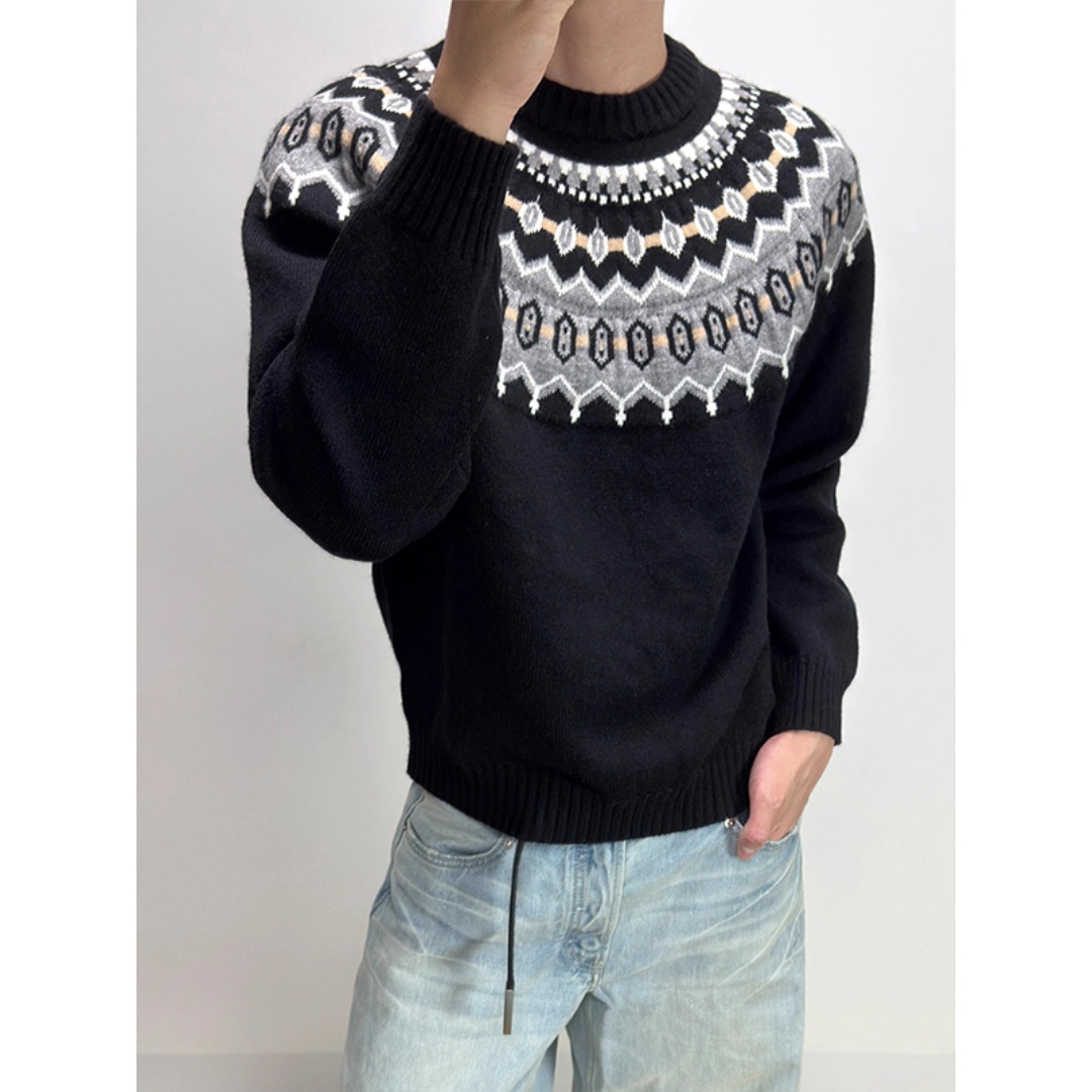 费尔岛秋冬季圆领毛衣男款慵懒高级感美式复古提花保暖打底针织衫