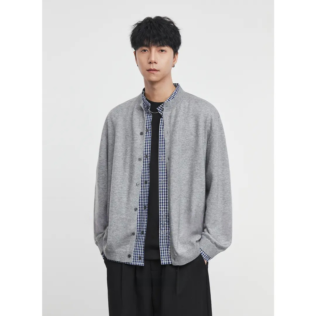 『秋风派』假两件圆领针织开衫毛衣千鸟格男士休闲衬衫时尚宽松外