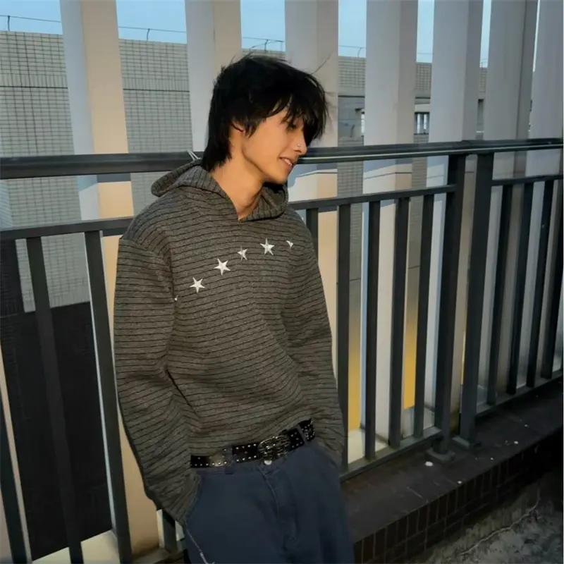 深灰细横条纹肌理面料复古星星连帽卫衣设计感休闲宽松百搭卫衣男