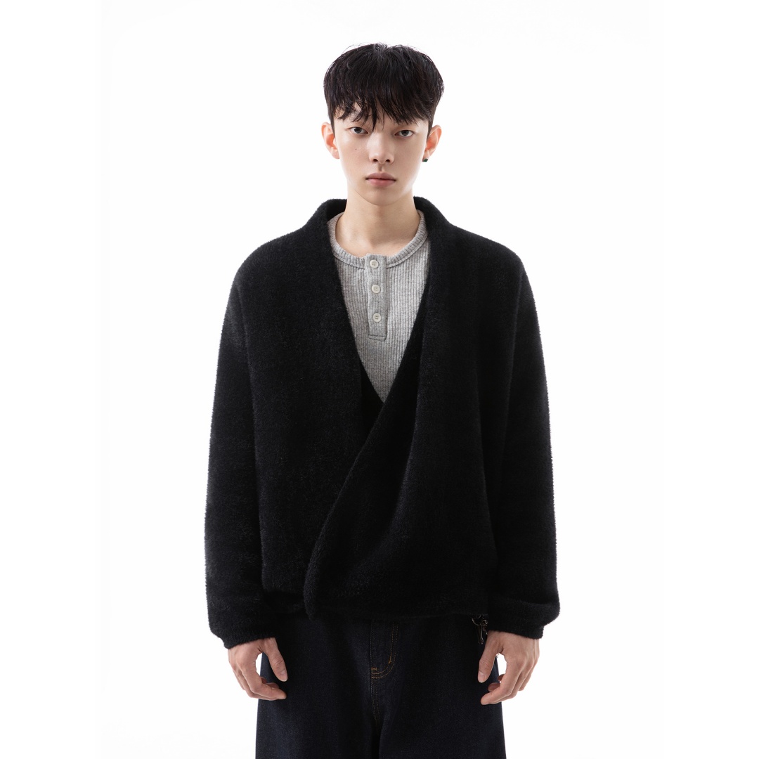 重磅仿狐绒拉毛叠领道袍开衫毛衣男女秋冬季复古慵懒风针织衫外套