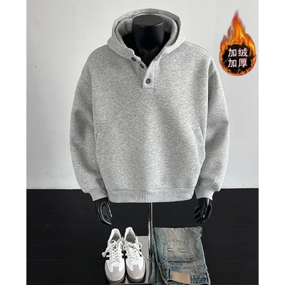 秋冬季加绒加厚重磅短款卫衣男女同款美式宽松纽扣硬挺连帽衫上衣