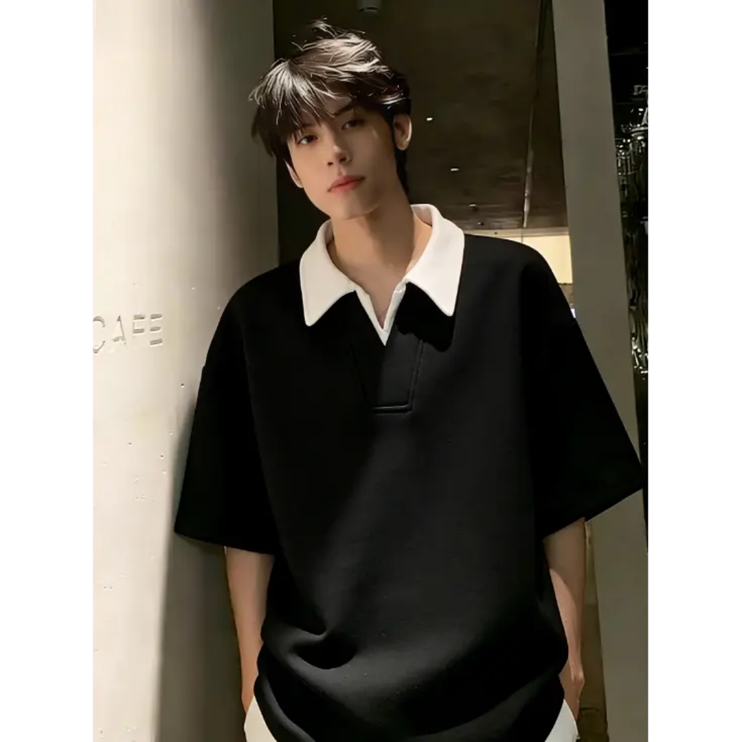 黑色假两件Polo衫短袖男款夏季美式重磅V领短袖正肩上衣翻领t恤