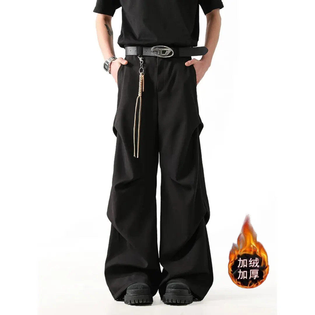 秋冬季加绒立体高级褶皱宽松垂感设计西裤男女小众高街阔腿休闲裤