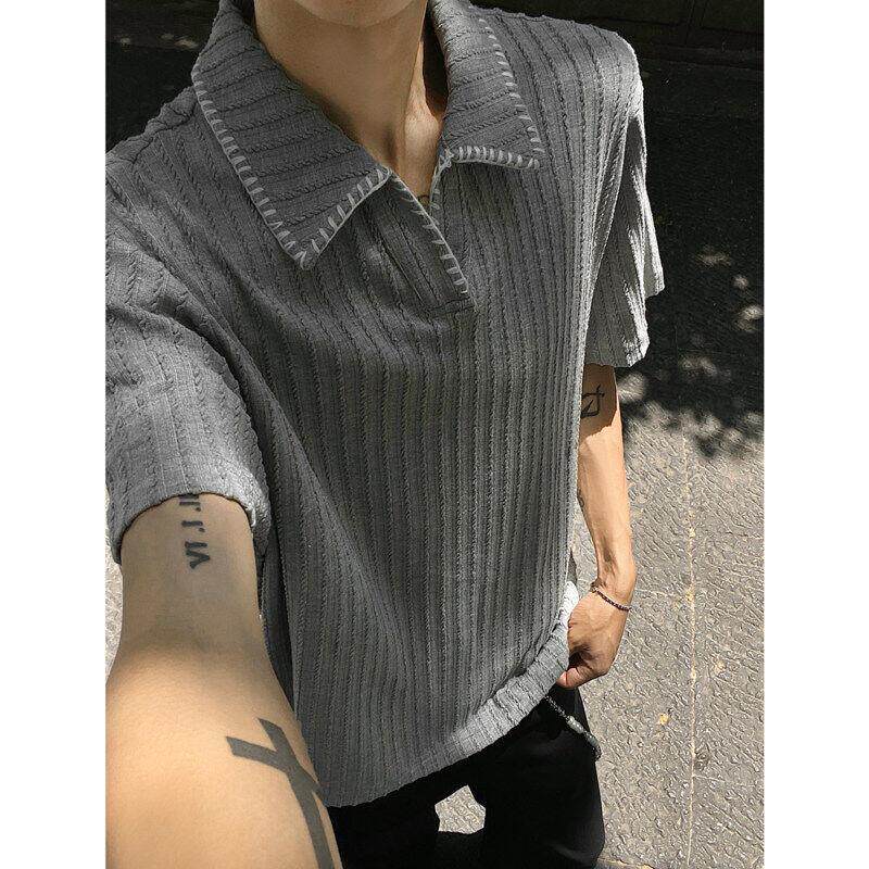 老钱风手缝线短袖polo衫男夏季cleanfit高级感宽松痞帅翻领五分袖