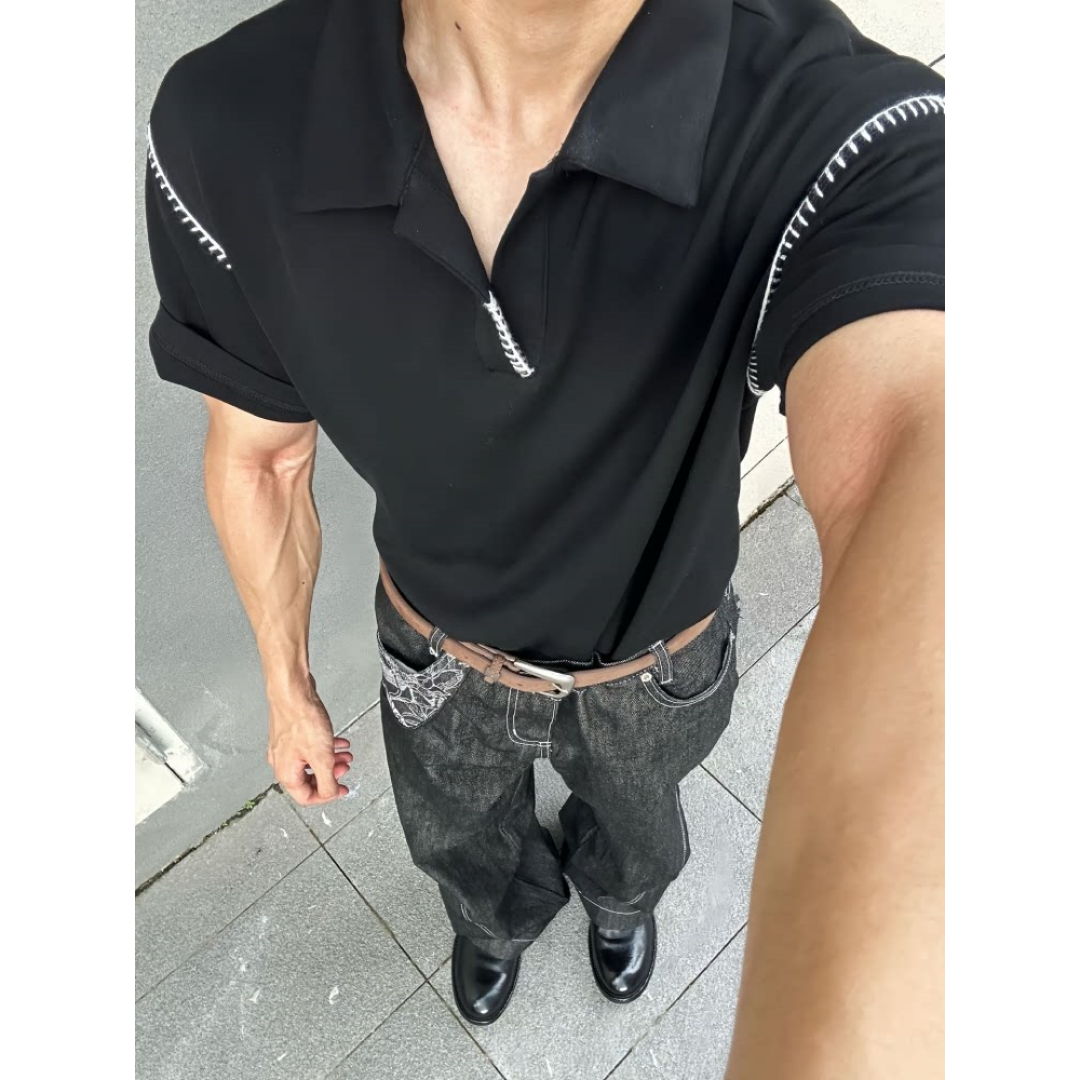 美式复古手缝线polo衫短袖男夏薄款重磅正肩t恤cleanfit翻领上衣
