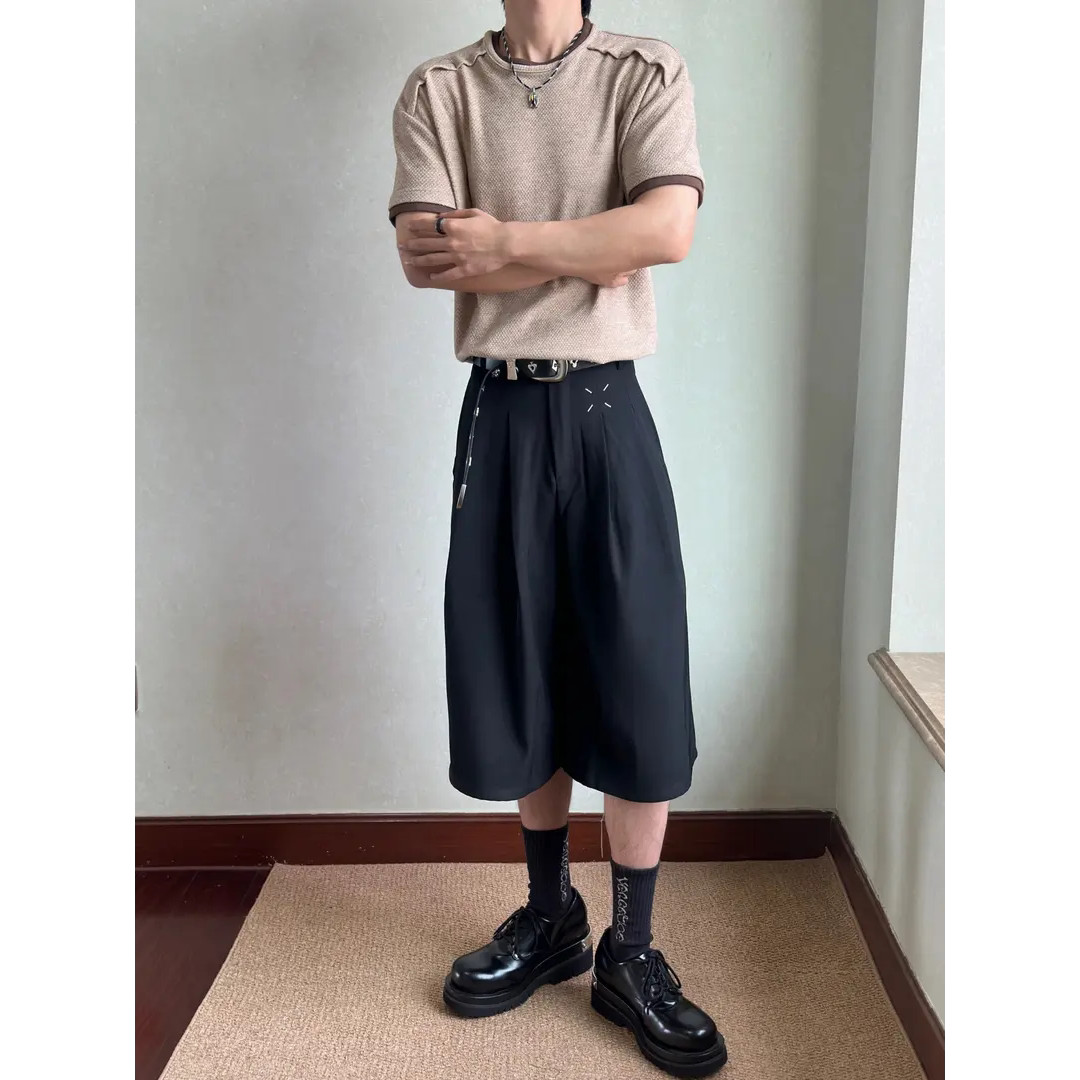 美式四角缝线高级感打褶休闲西装短裤cleant垂感七分裤