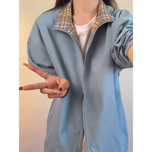 天蓝色格子拼接翻领夹克男女夏季薄款美式复古立领撞色防晒衣外套