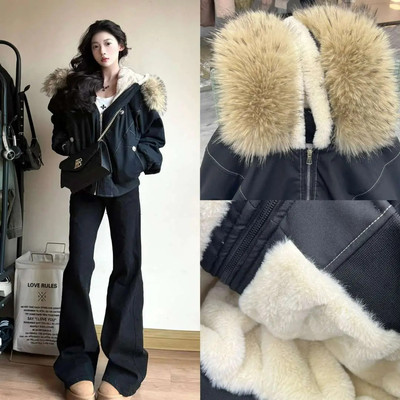 大毛领加厚棉服外套女2025新款美式情侣派克服毛茸茸冬季连帽棉衣