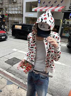 复古风满印小胡子爱心短款连帽卫衣男秋季宽松拉链开衫情侣外套潮