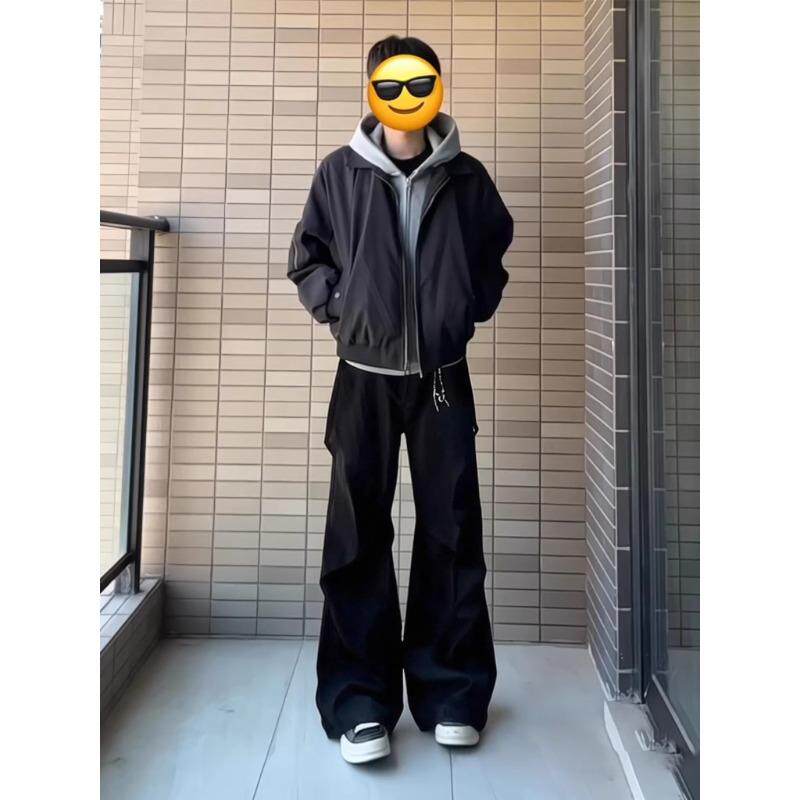 cleanfit黑色褶皱微喇裤子男款夏季美式阔腿工装裤高级感弯刀西裤