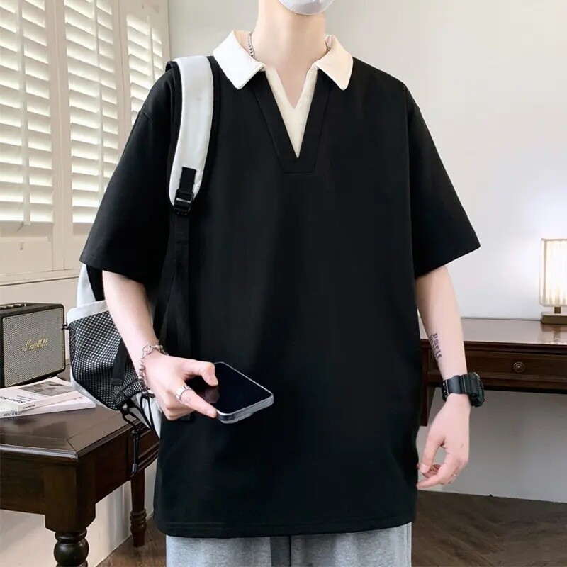 美式潮牌短袖POLO衫男士帅气宽松大码休闲半袖拼色翻领t恤衫