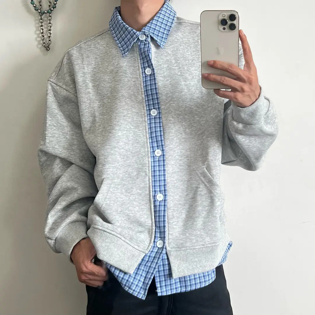 长袖开衫款卫衣秋季拼接假两件男女休闲双面百搭潮流时尚格子翻领