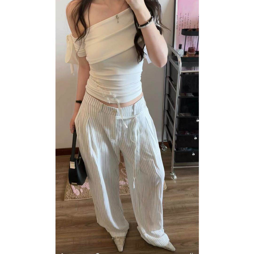 高级感可调节裤脚男女夏季老钱风长裤亚麻混纺条纹侧绑带休闲西裤