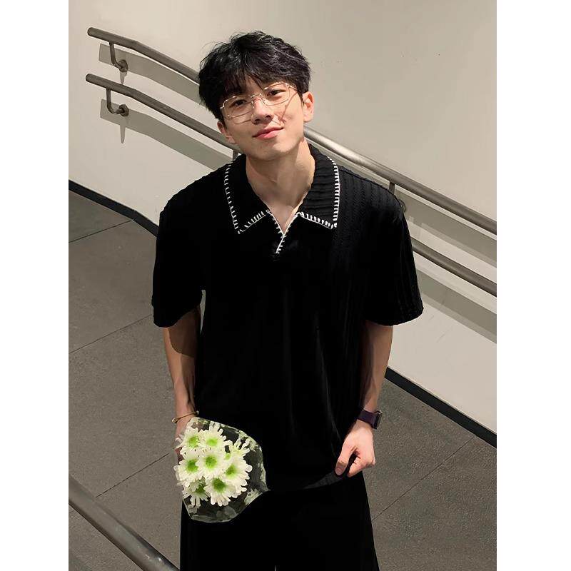 麦穗纹针织短袖polo衫男款夏季高级感条纹翻领t恤设计感小众半袖