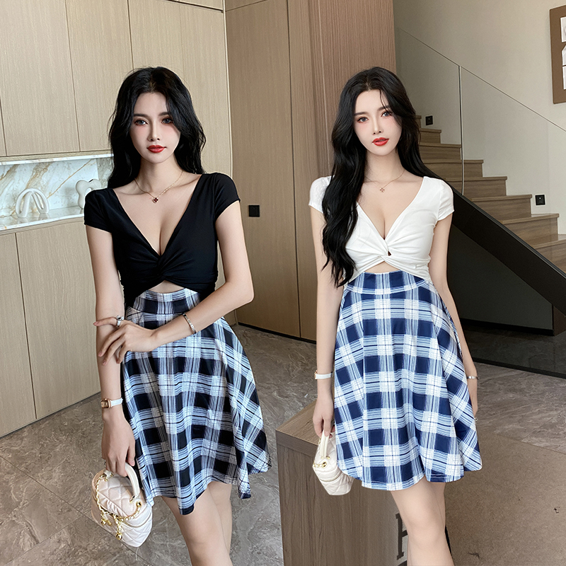 夜场上班性感低胸连衣裙女拼色短裙子洗浴spa沐足桑拿技师工作服