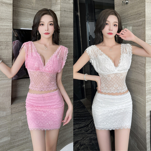 性感低胸蕾丝分体两件套裙装洗浴按摩技师工作服浴室透视上班衣服