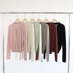 白月光ins纯欲系氛围感飘带桑蚕丝莱赛尔针织开衫V领长袖外搭上衣