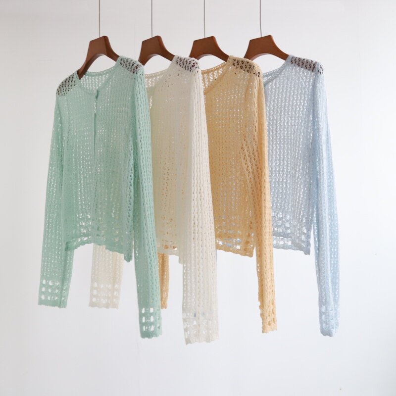 微风浅夏 糖果色镂空针织开衫女夏薄款防晒罩衫微透空调长袖上衣