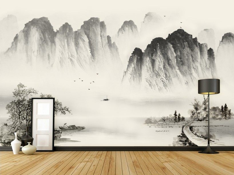 新中式中国风水墨山水意境壁画背景墙茶房宣绒布闪银布工装代工3D