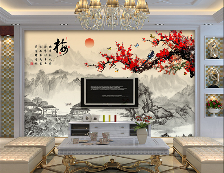 梅花背景墙中式水墨画客厅电视墙定制壁画