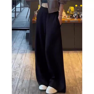 黑色松紧拖地阔腿女休闲裤直筒裤