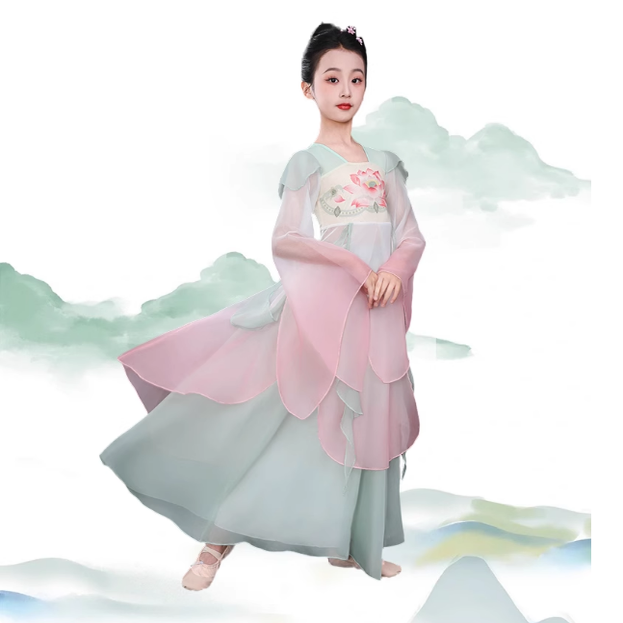 儿童古典舞演出服中国风女飘逸少儿荷花舞蹈艺考练功扇子舞表演服
