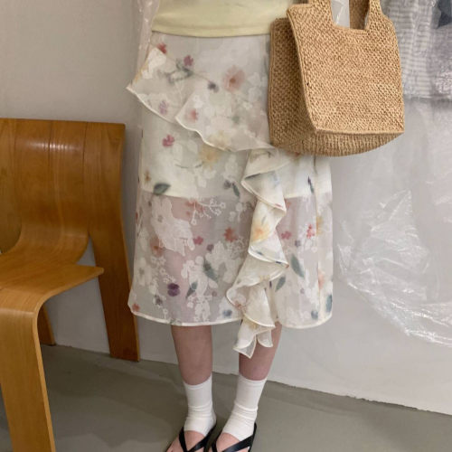 Rosie不规则荷叶边雪纺碎花半身裙女2026早春夏印花A字中长短裙