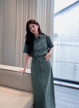 港风复古牛仔套装裙女夏季新款度假休闲短袖衬衣高腰半身裙两件套