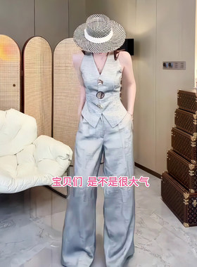 2026夏季老钱风马甲女小众气质修身设计感无袖背心上衣阔腿裤套装