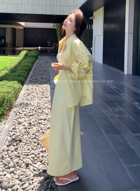 黄色polo领长袖衬衫外套女夏季休闲套装吊带连衣裙鱼尾长裙两件套