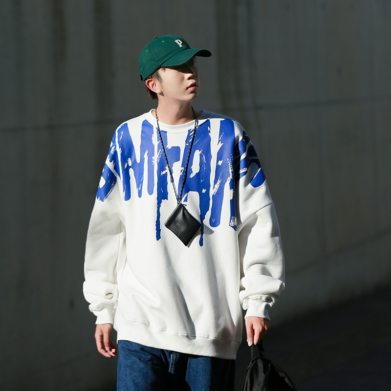 50%棉300克新款日系港风cityboy宽松印花圆领卫衣W2201-P58控78，男装卫衣，电商A036A