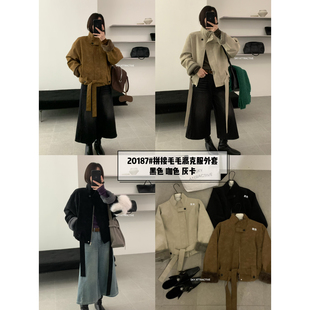 配腰带 型超正拼接毛毛派克服外套短外套 版