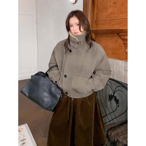 AUNP 覆古茶棕色短款工装棉服女冬巴恩风可拆卸毛领麂皮夹克外套