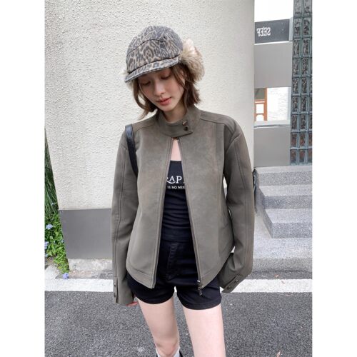 AUNP覆古灰绿棕色立领修